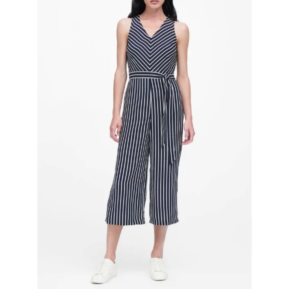 Banana Republic Belted Jumpsuit Size 6 Wide‎ Leg Culotte Striped Sleeveless